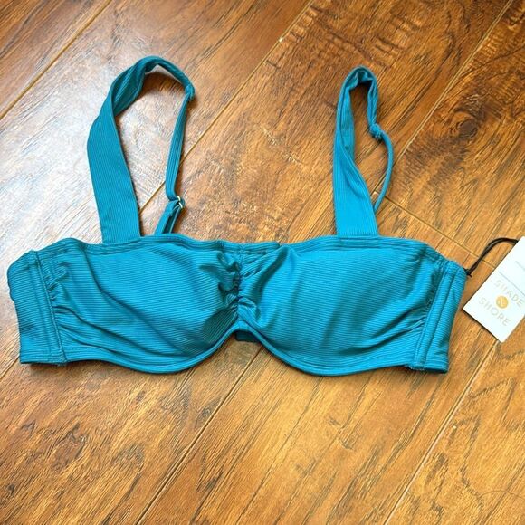 Shade & Shore 36C Blue Shirred Ribbed Bandeau Bikini Swim Underwire Top - Picture 3 of 11
